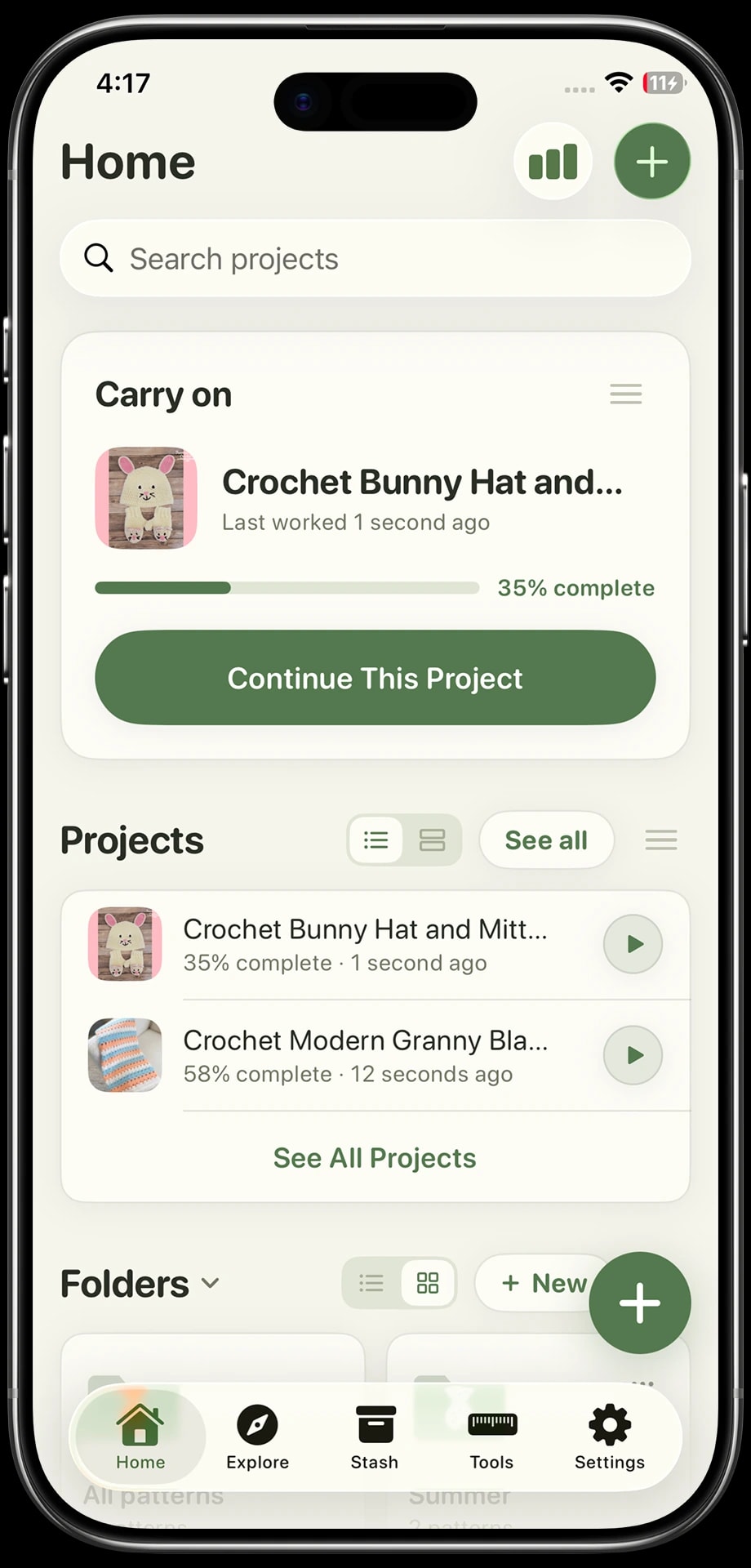 Yarnzy home screen with a project in progress, recent projects and folders