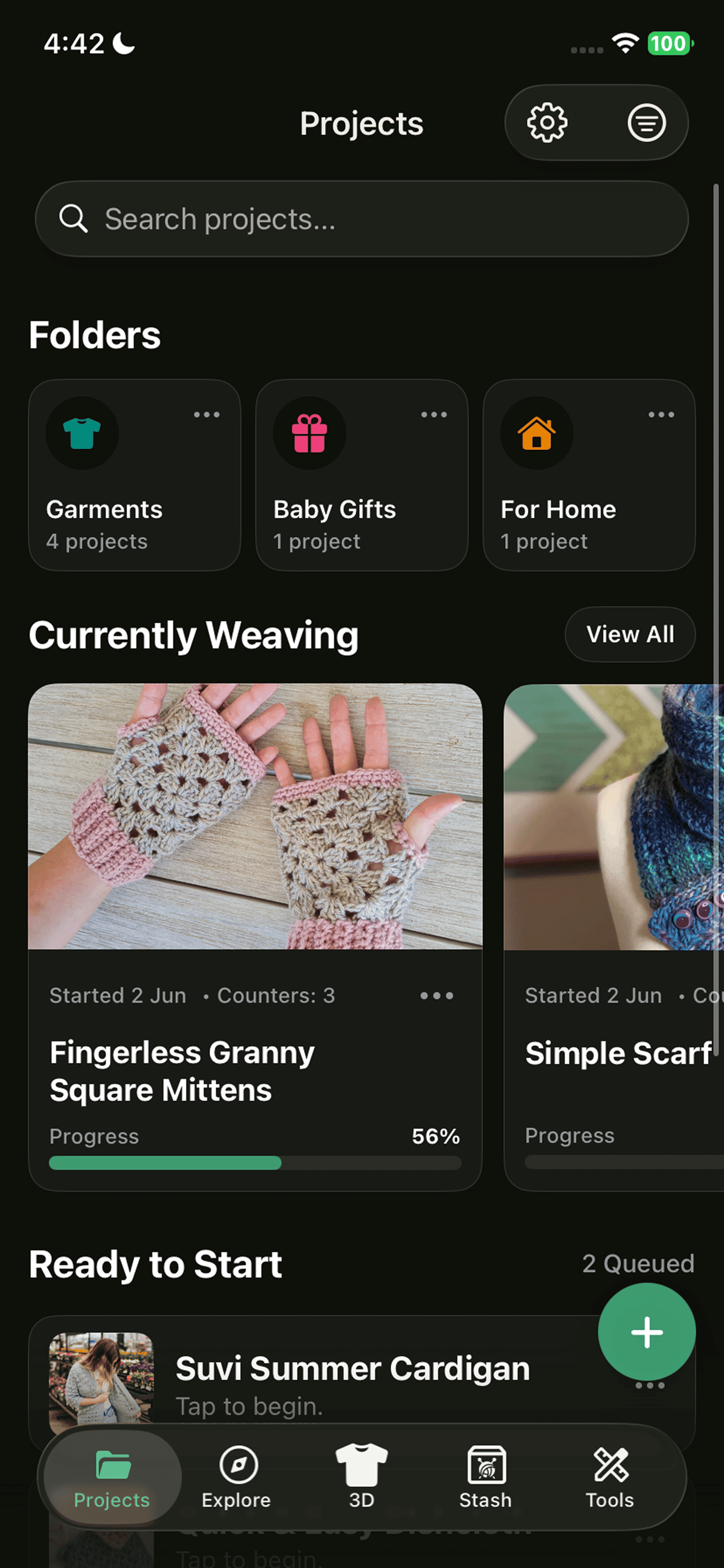 Yarnzy app projects, folders and currently weaving projects