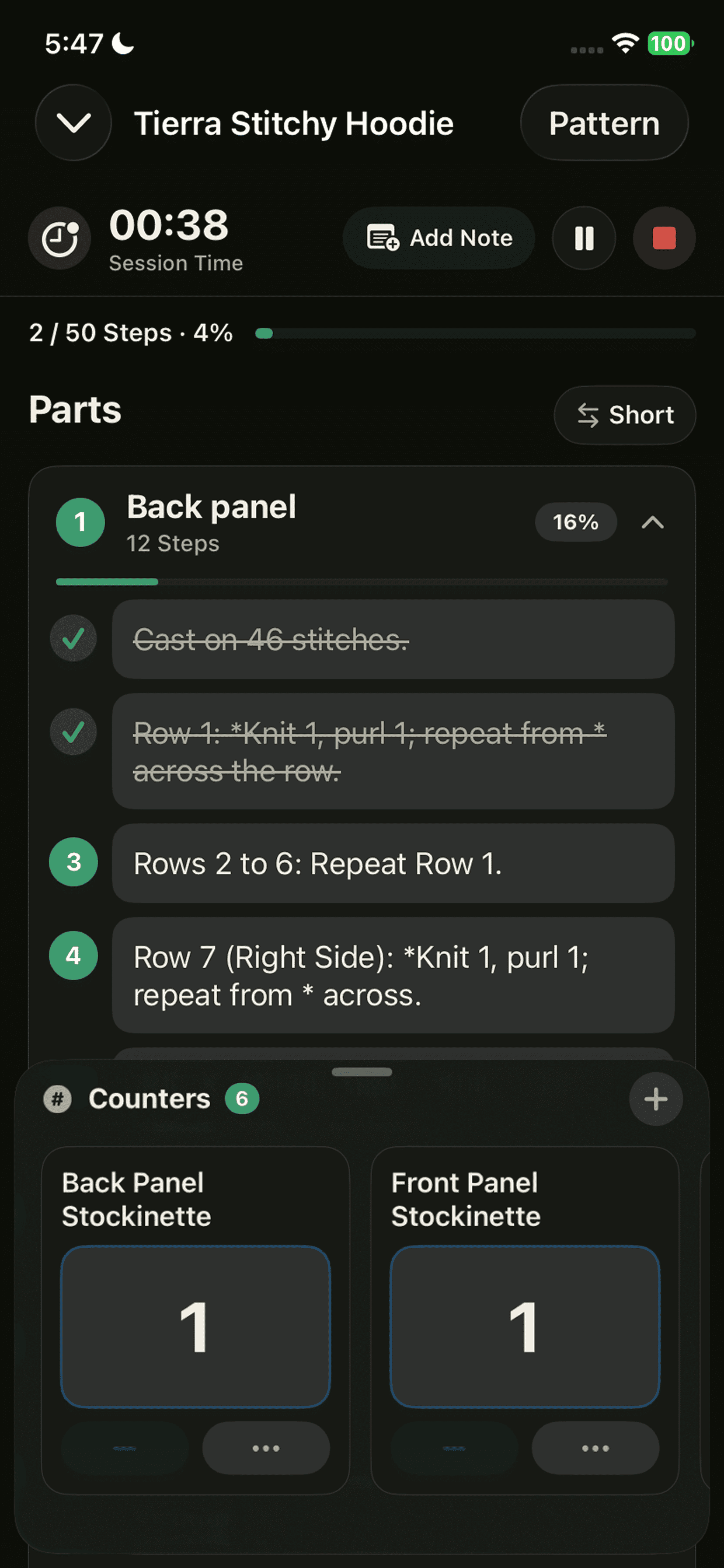 Yarnzy knitting session, live row counters, timer, and progress