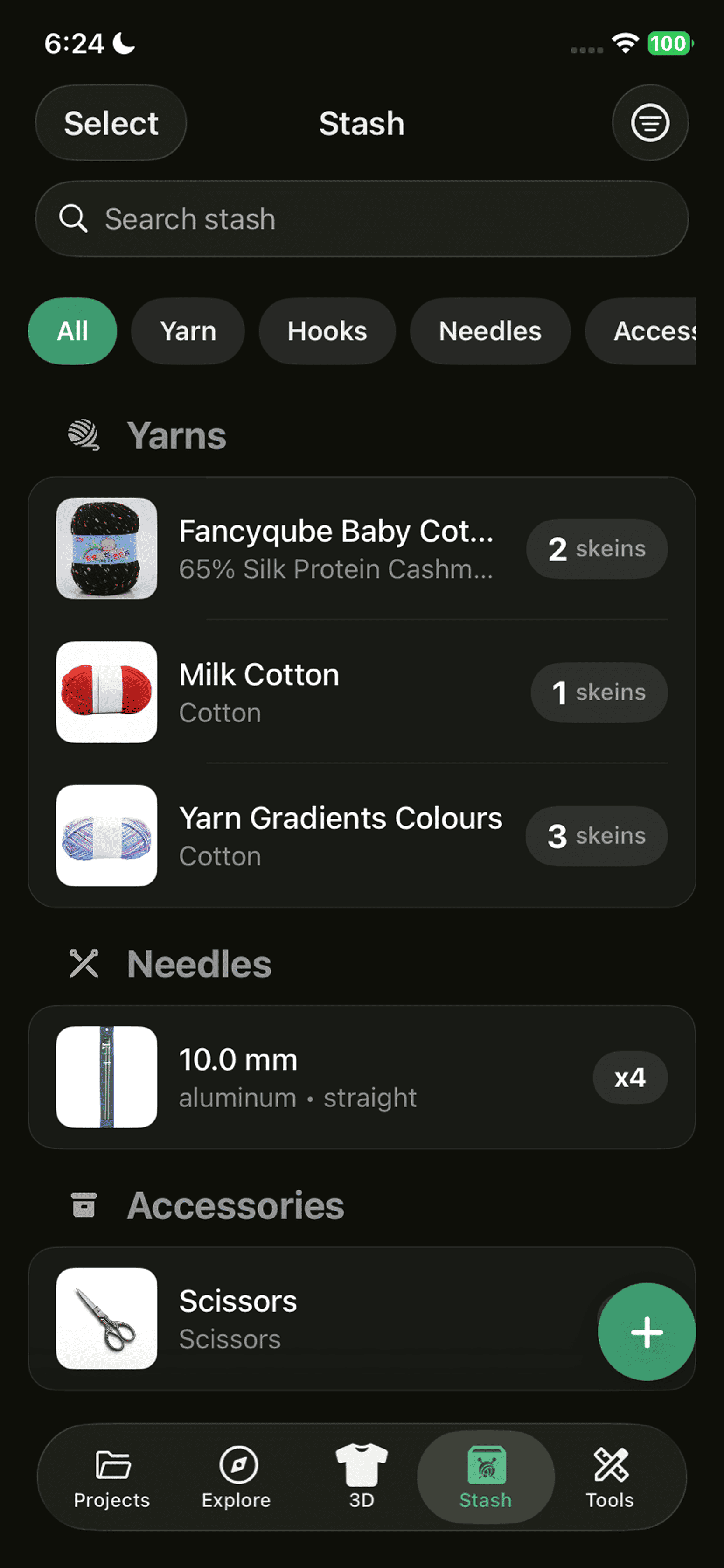 Yarnzy stash, yarn, needles, and accessories inventory