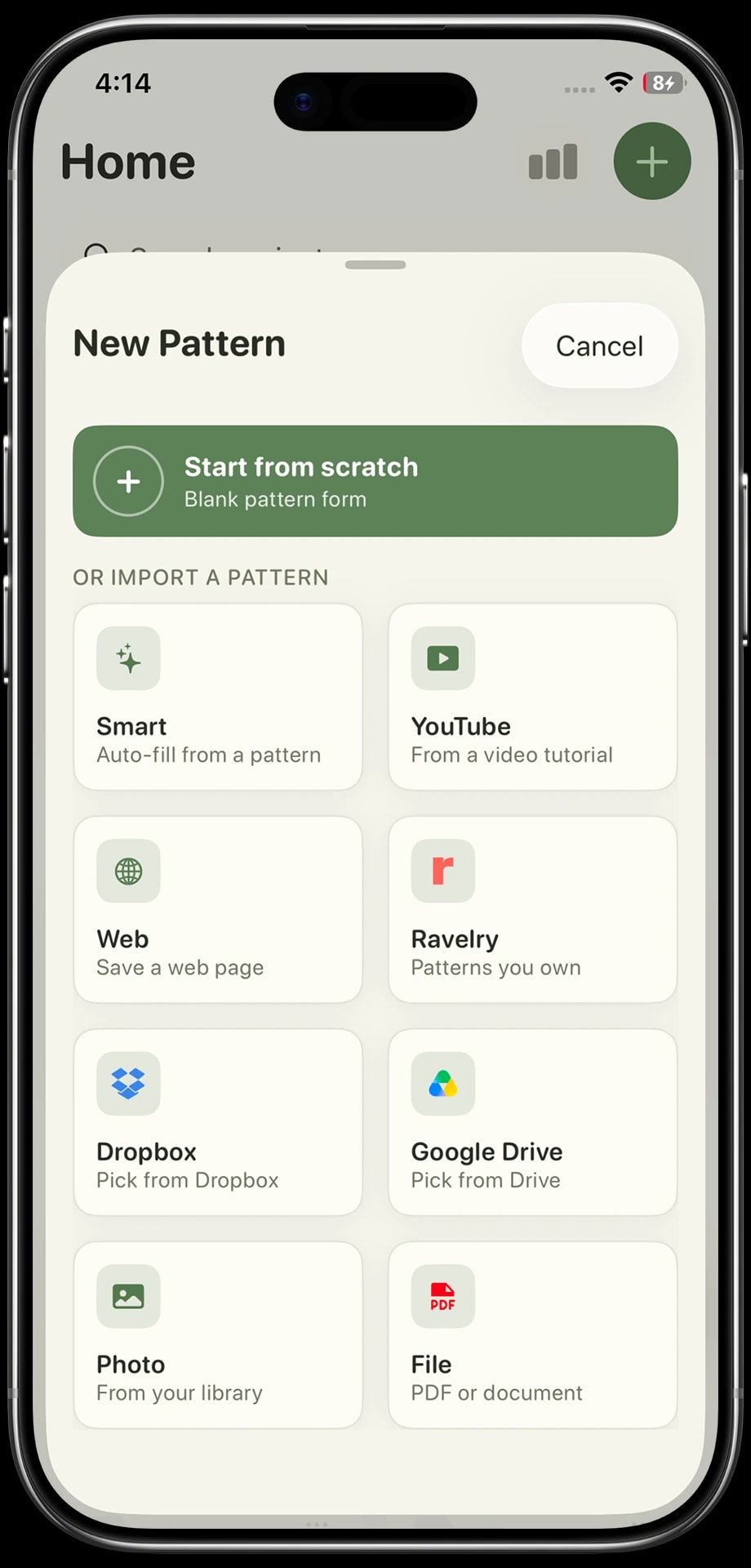 Yarnzy’s new pattern sheet, importing from YouTube, the web, Ravelry, Dropbox, Google Drive, photos or a file