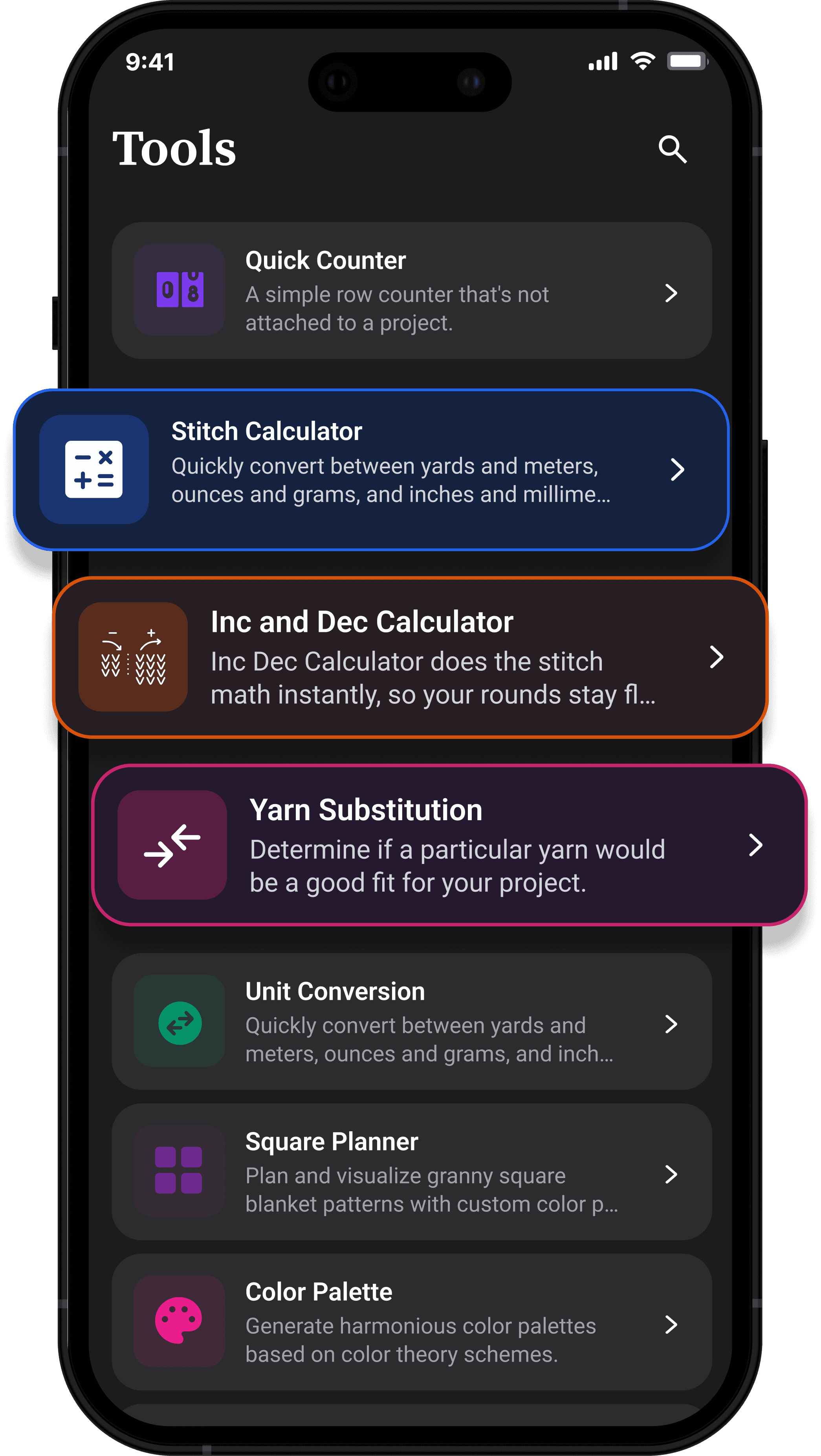 Yarnzy planning tools on phone, stitch, increase/decrease, and yarn substitution calculators