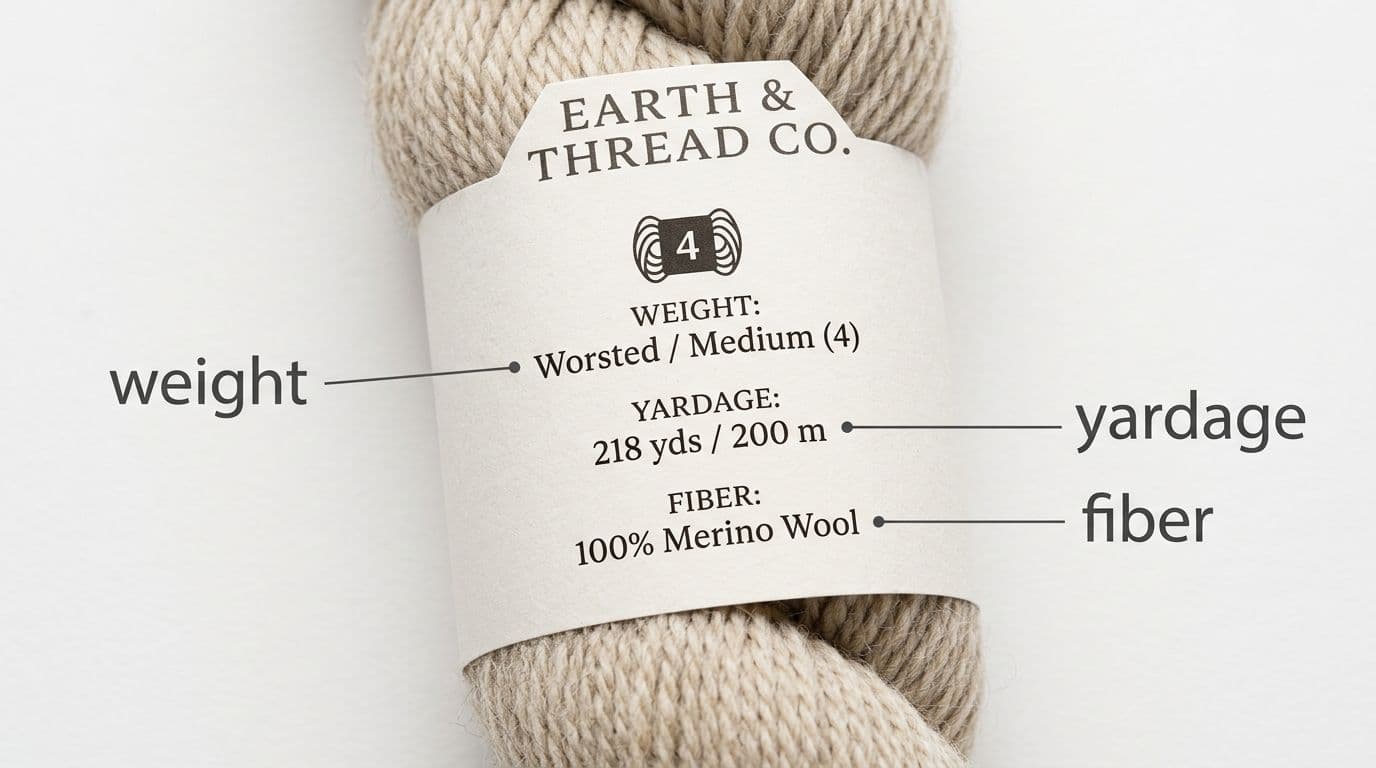 Bernat yarn label on a white background showing weight, yardage, and fiber content to check before buying a discontinued yarn substitute.