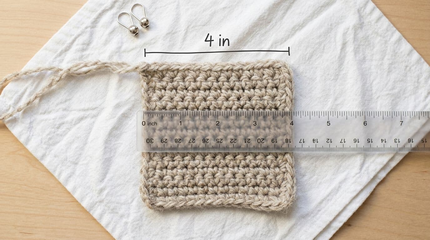 Crochet gauge swatch on a white surface with a ruler measuring 4 inches of stitches for the gauge ratio step in yarn substitution.